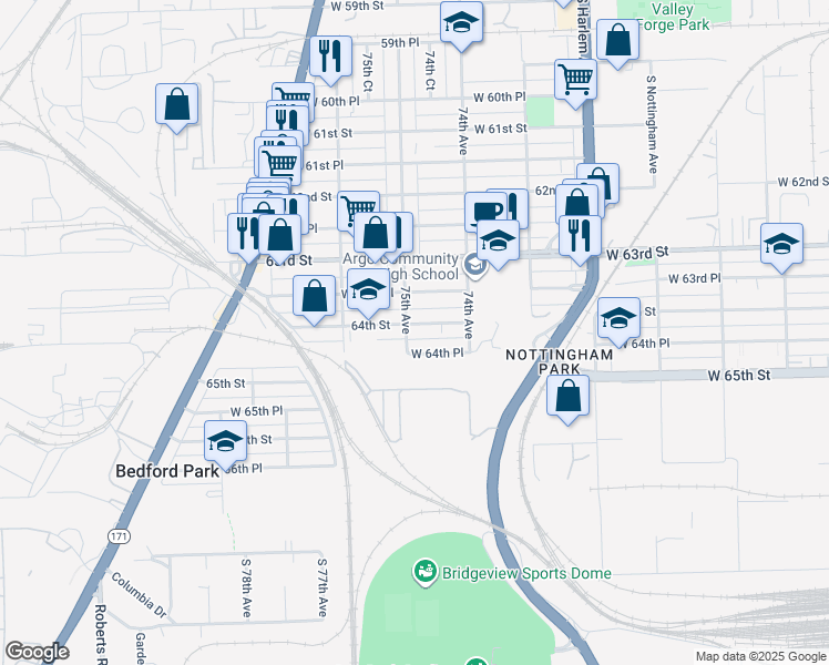 map of restaurants, bars, coffee shops, grocery stores, and more near 7509 64th Street in Summit