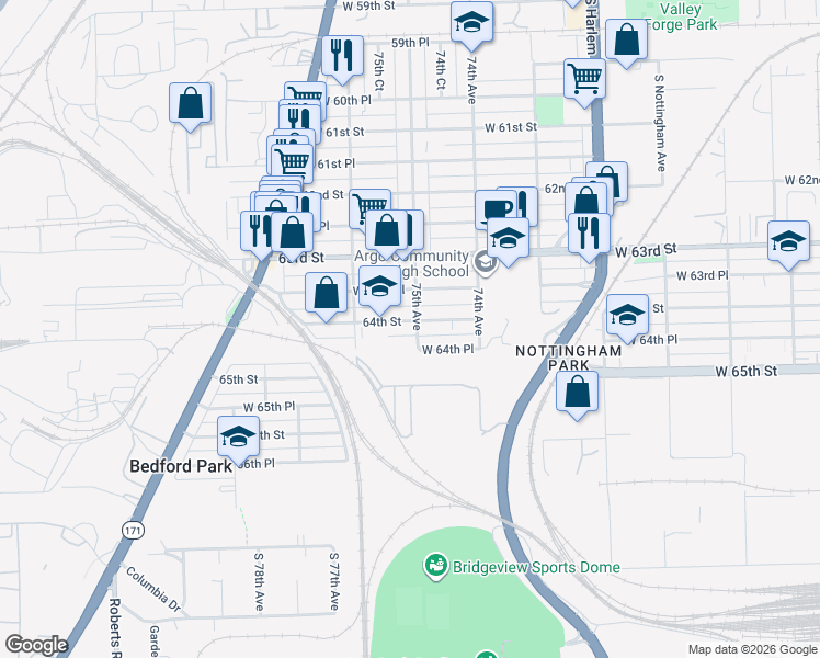 map of restaurants, bars, coffee shops, grocery stores, and more near 7509 64th Street in Summit