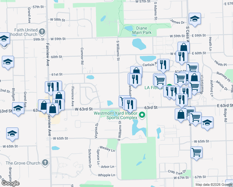 map of restaurants, bars, coffee shops, grocery stores, and more near 728 Vandustrial Drive in Westmont