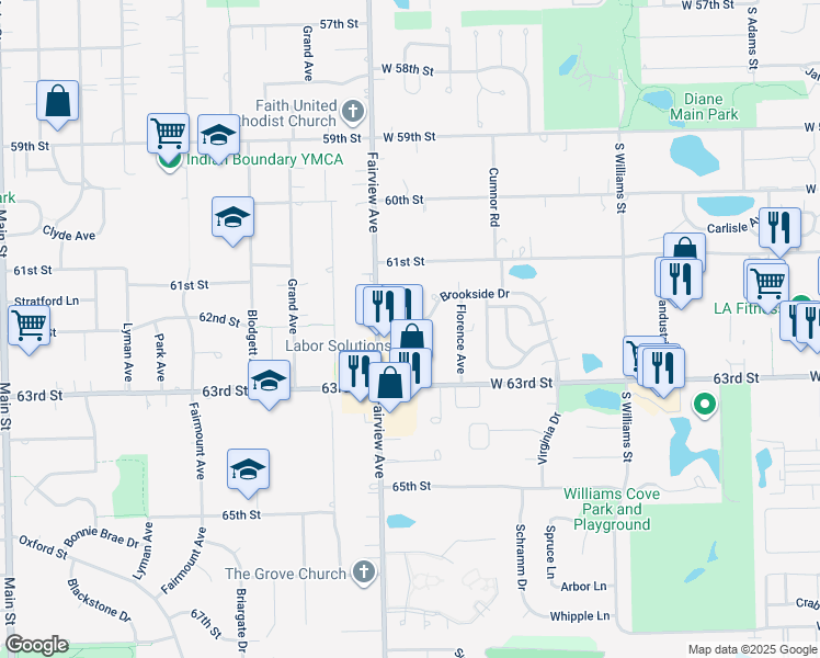 map of restaurants, bars, coffee shops, grocery stores, and more near 543 Brookside Drive in Westmont