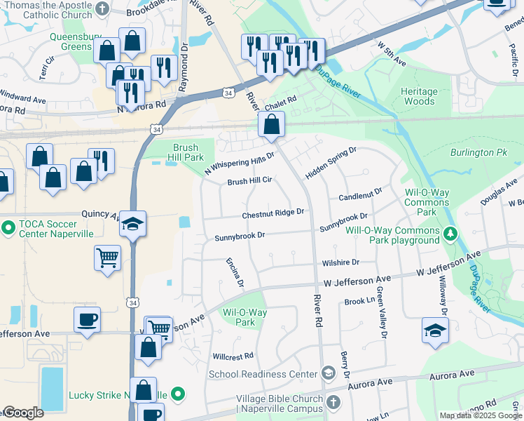 map of restaurants, bars, coffee shops, grocery stores, and more near 1337 Chestnut Ridge Drive in Naperville