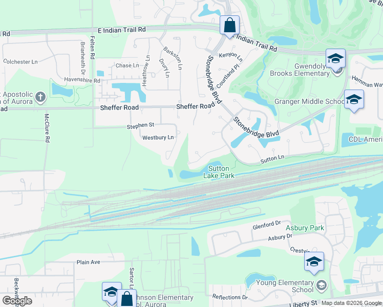 map of restaurants, bars, coffee shops, grocery stores, and more near 2324 Brookwood Court in Aurora