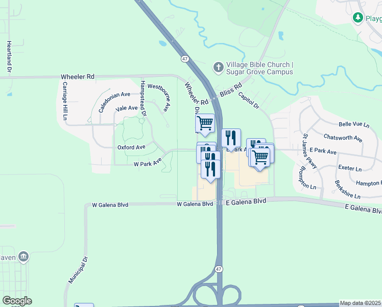 map of restaurants, bars, coffee shops, grocery stores, and more near 524 Division Drive in Sugar Grove