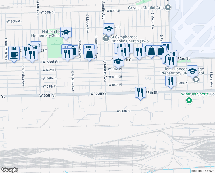 map of restaurants, bars, coffee shops, grocery stores, and more near 6435 South Austin Avenue in Chicago
