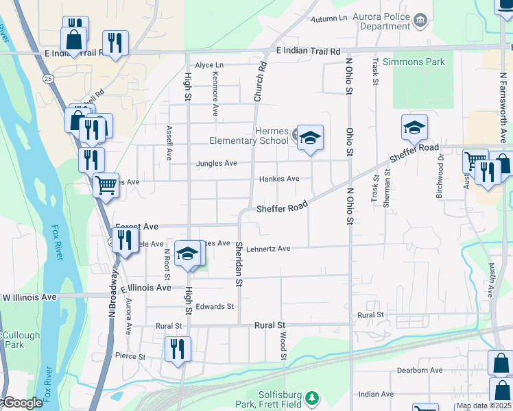 map of restaurants, bars, coffee shops, grocery stores, and more near 810 Sheffer Road in Aurora