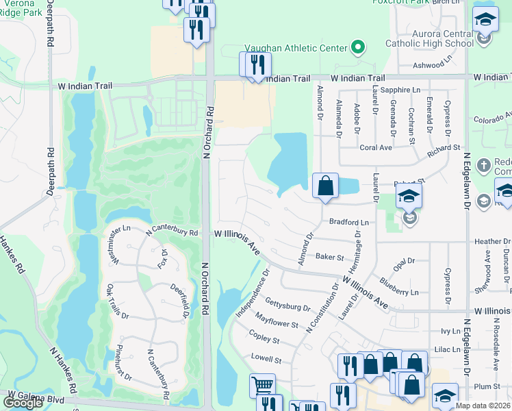 map of restaurants, bars, coffee shops, grocery stores, and more near 2390 Buttercup Court in Aurora