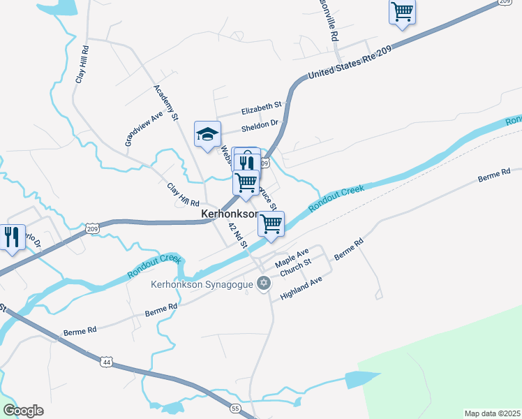 map of restaurants, bars, coffee shops, grocery stores, and more near 35 Spruce St in Kerhonkson