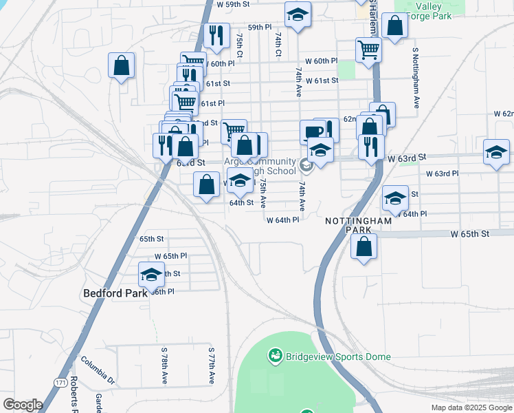 map of restaurants, bars, coffee shops, grocery stores, and more near 7509 64th Street in Summit