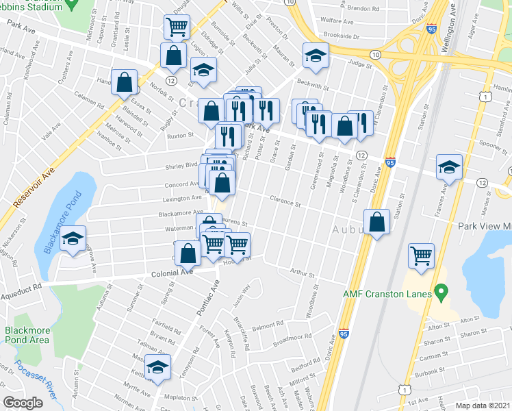 map of restaurants, bars, coffee shops, grocery stores, and more near 187 Grace Street in Cranston