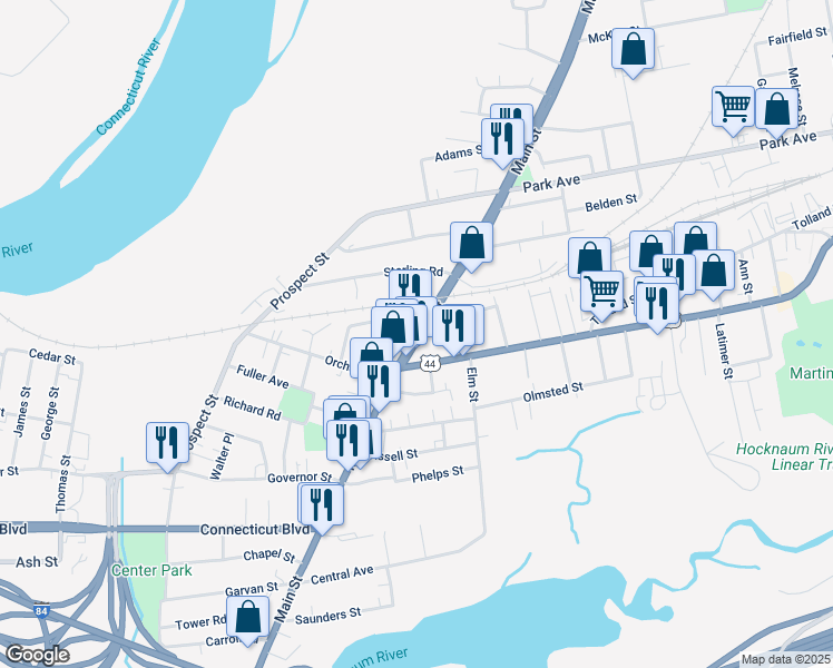 map of restaurants, bars, coffee shops, grocery stores, and more near 1231 Main Street in East Hartford