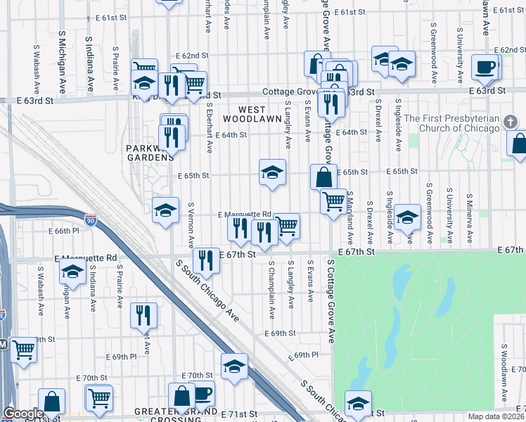 map of restaurants, bars, coffee shops, grocery stores, and more near 6555 South Saint Lawrence Avenue in Chicago