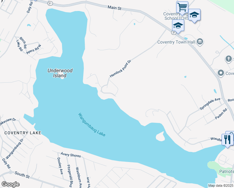 map of restaurants, bars, coffee shops, grocery stores, and more near 433 Hemlock Point Drive in Coventry
