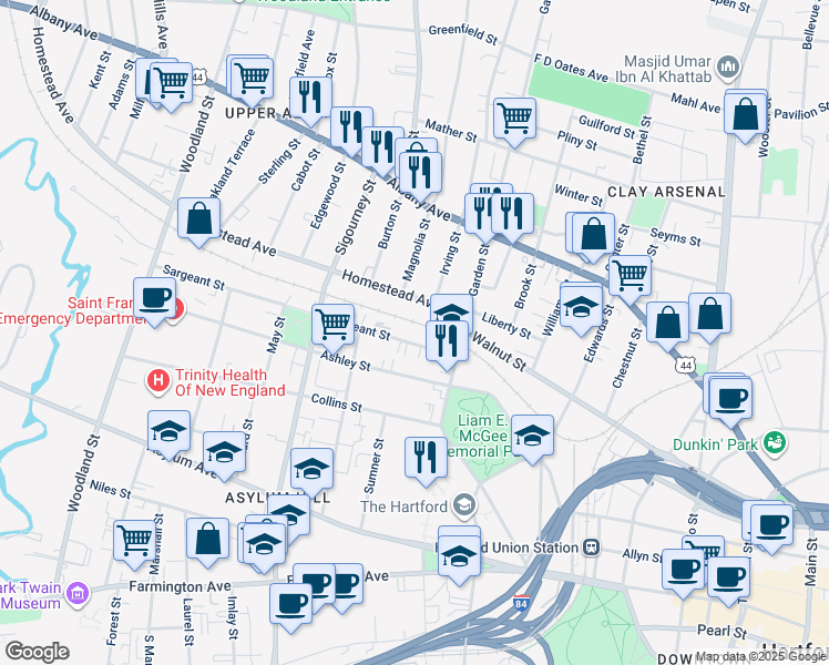 map of restaurants, bars, coffee shops, grocery stores, and more near 20-28 Sargeant Street in Hartford