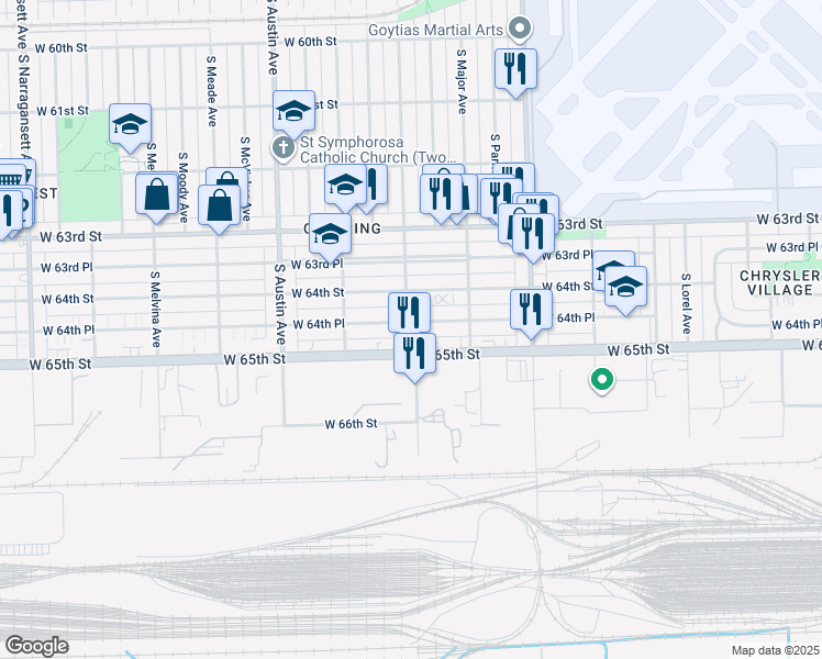 map of restaurants, bars, coffee shops, grocery stores, and more near 5759 West 64th Place in Chicago