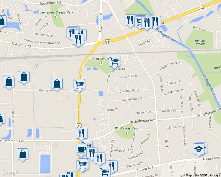 map of restaurants, bars, coffee shops, grocery stores, and more near 24 North Whispering Hills Drive in Naperville