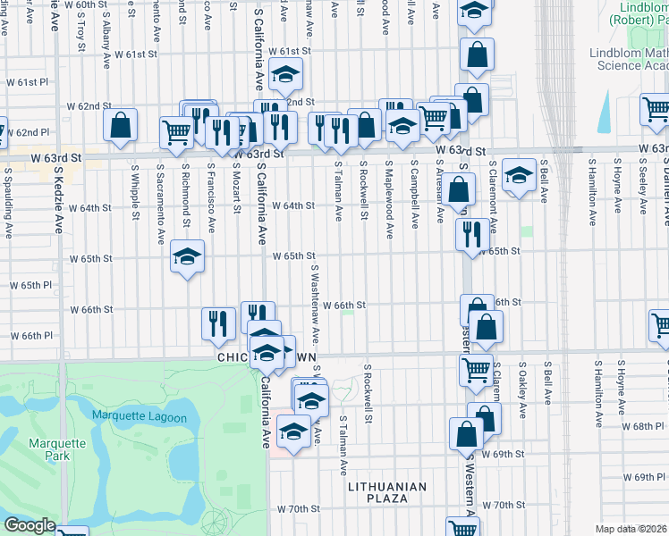 map of restaurants, bars, coffee shops, grocery stores, and more near 6512 South Talman Avenue in Chicago
