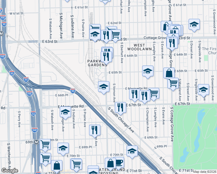 map of restaurants, bars, coffee shops, grocery stores, and more near 6555 South King Drive in Chicago