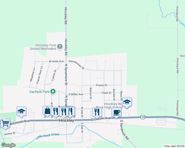 map of restaurants, bars, coffee shops, grocery stores, and more near 540 Walnut Street in Hinckley