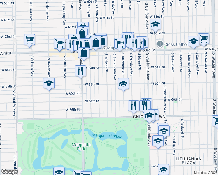 map of restaurants, bars, coffee shops, grocery stores, and more near 6509 South Whipple Street in Chicago