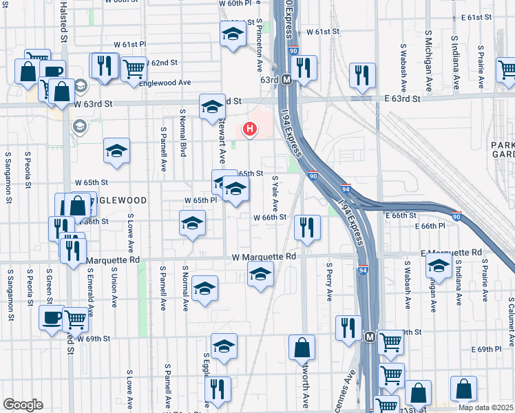 map of restaurants, bars, coffee shops, grocery stores, and more near 6561 South Harvard Avenue in Chicago
