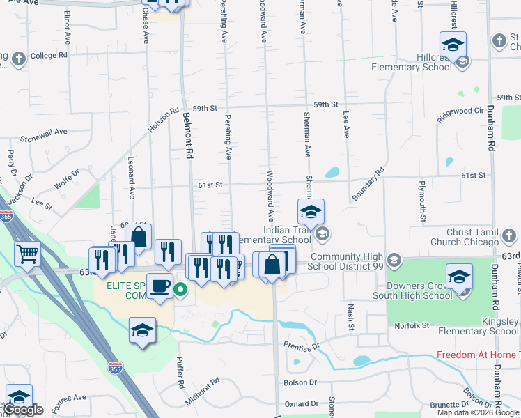 map of restaurants, bars, coffee shops, grocery stores, and more near 6116 Woodward Ave in Downers Grove