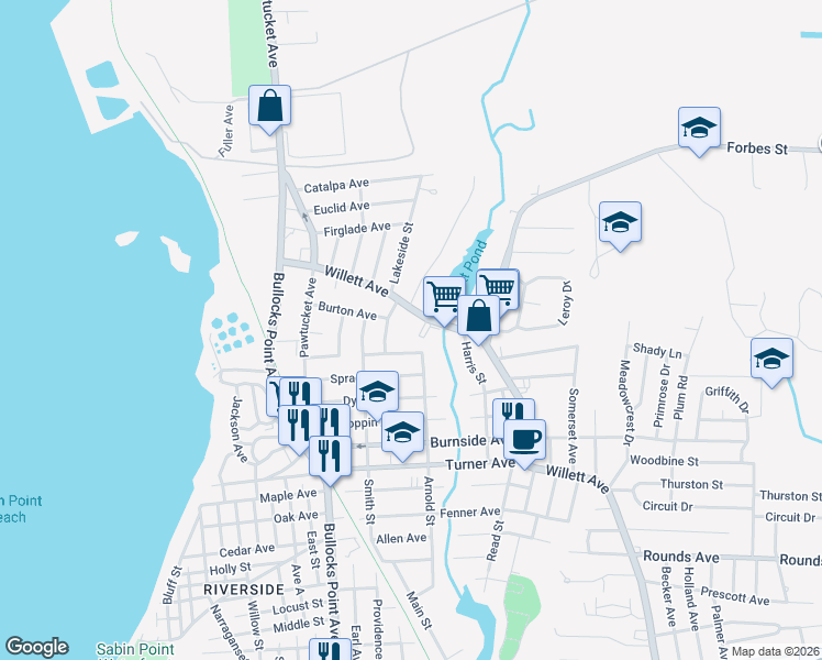 map of restaurants, bars, coffee shops, grocery stores, and more near 155 Willett Ave in East Providence