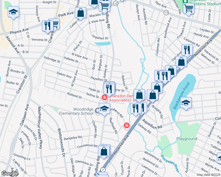 map of restaurants, bars, coffee shops, grocery stores, and more near 298 Budlong Road in Cranston