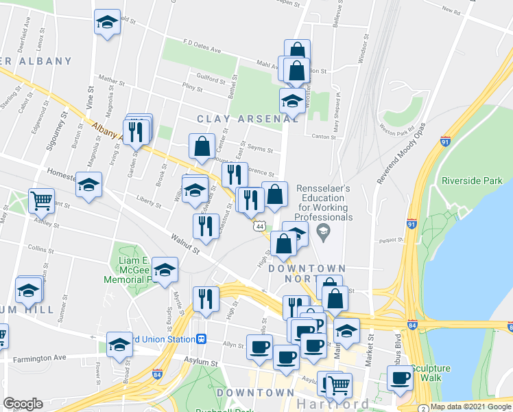 map of restaurants, bars, coffee shops, grocery stores, and more near 72 Albany Avenue in Hartford