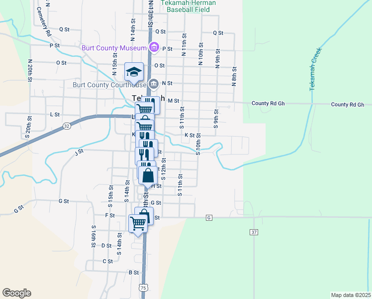 map of restaurants, bars, coffee shops, grocery stores, and more near 1022 J Street in Tekamah