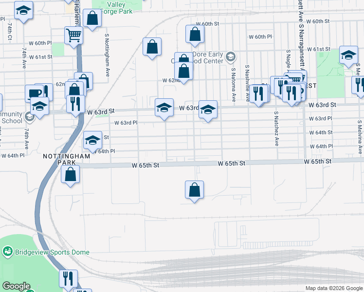 map of restaurants, bars, coffee shops, grocery stores, and more near 6824 West 64th Place in Chicago