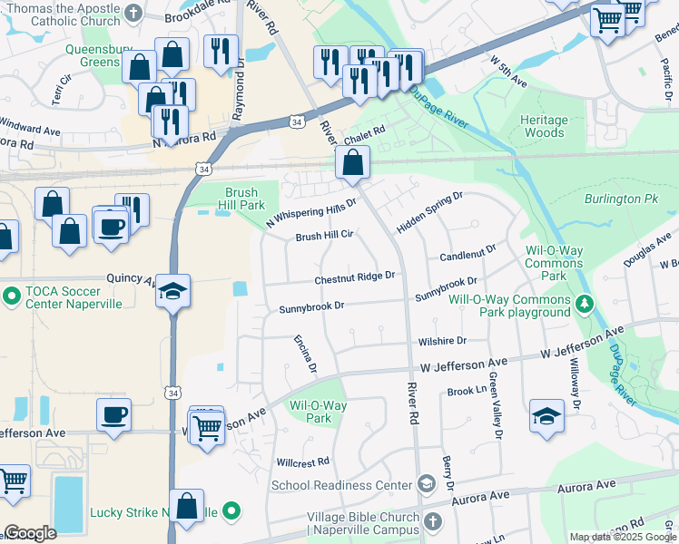 map of restaurants, bars, coffee shops, grocery stores, and more near 1337 Chestnut Ridge Drive in Naperville