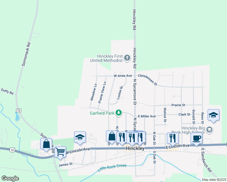 map of restaurants, bars, coffee shops, grocery stores, and more near 600 North View Street in Hinckley