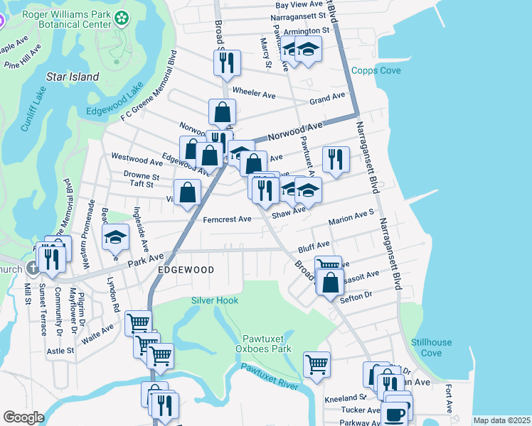 map of restaurants, bars, coffee shops, grocery stores, and more near 1858 Broad Street in Cranston