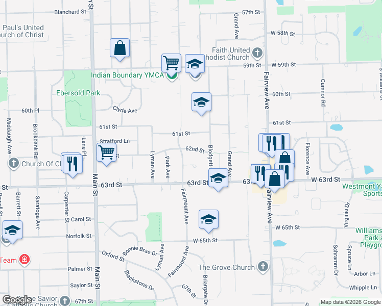 map of restaurants, bars, coffee shops, grocery stores, and more near 661 62nd Street in Downers Grove