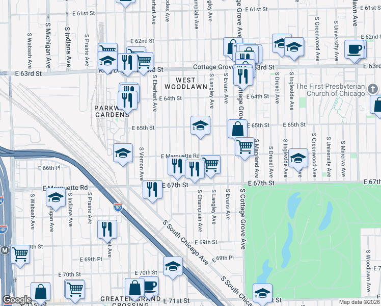 map of restaurants, bars, coffee shops, grocery stores, and more near 6555 South Saint Lawrence Avenue in Chicago