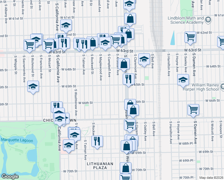 map of restaurants, bars, coffee shops, grocery stores, and more near 6517 South Campbell Avenue in Chicago