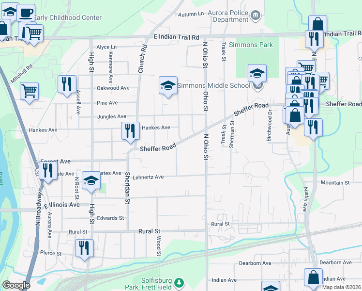 map of restaurants, bars, coffee shops, grocery stores, and more near 959 Sheffer Road in Aurora
