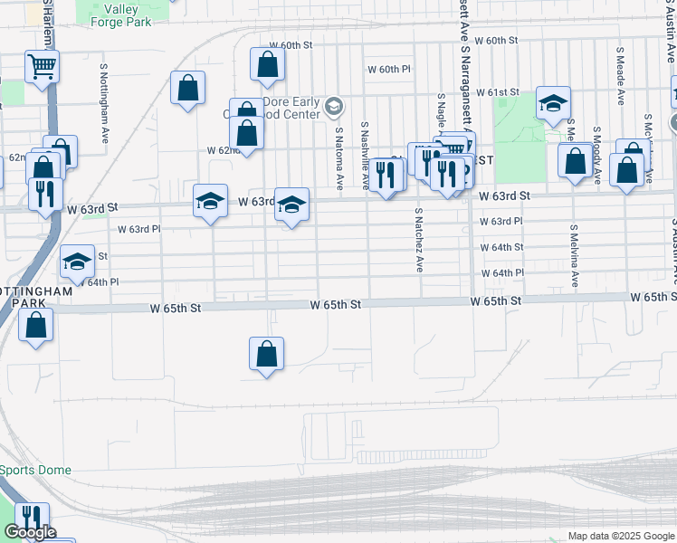 map of restaurants, bars, coffee shops, grocery stores, and more near 6634 West 64th Place in Chicago