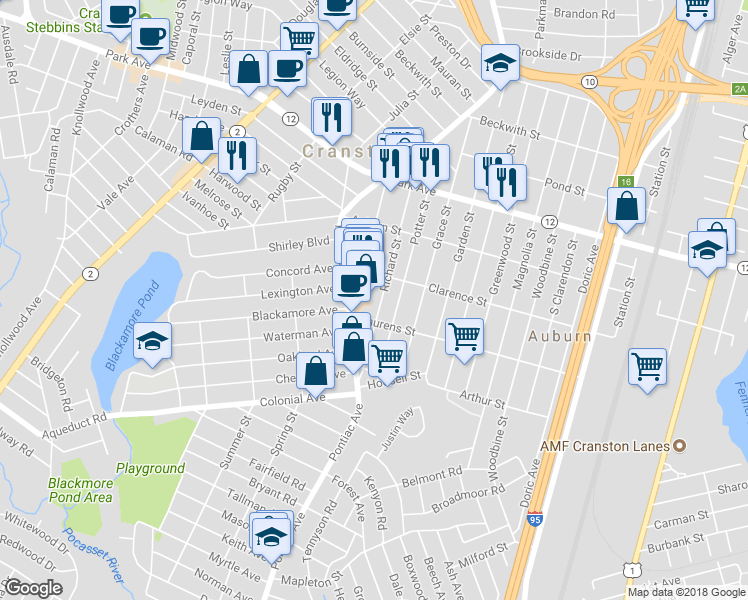 map of restaurants, bars, coffee shops, grocery stores, and more near 101 Richard Street in Cranston