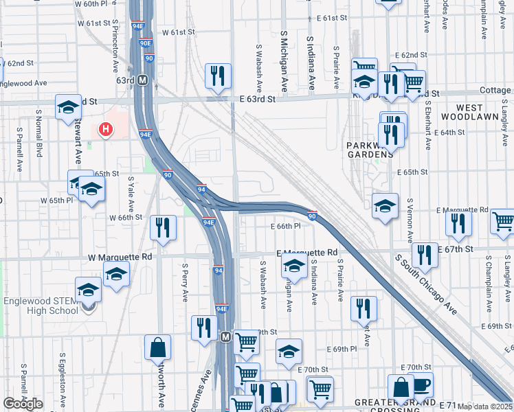 map of restaurants, bars, coffee shops, grocery stores, and more near 6535 South State Street in Chicago