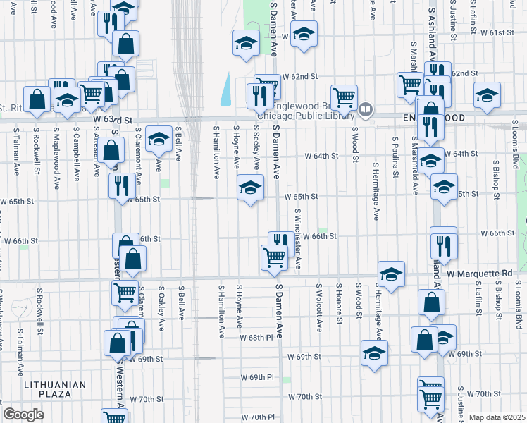 map of restaurants, bars, coffee shops, grocery stores, and more near 6519 South Seeley Avenue in Chicago