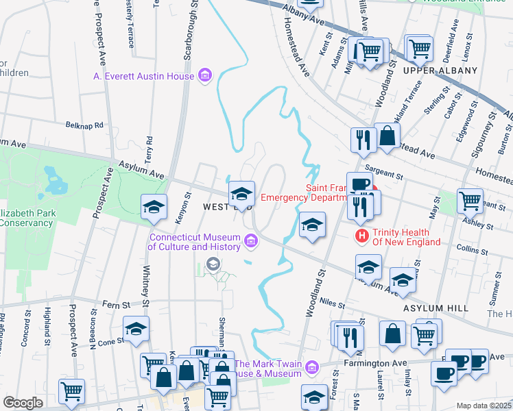 map of restaurants, bars, coffee shops, grocery stores, and more near 1246 Woodside Circle in Hartford