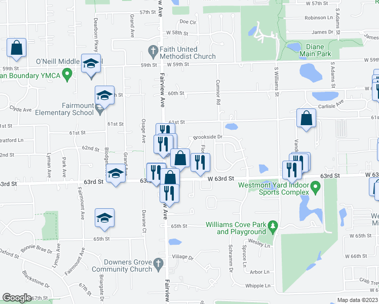 map of restaurants, bars, coffee shops, grocery stores, and more near 531 Brookside Drive in Westmont