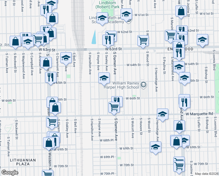 map of restaurants, bars, coffee shops, grocery stores, and more near 6519 South Seeley Avenue in Chicago