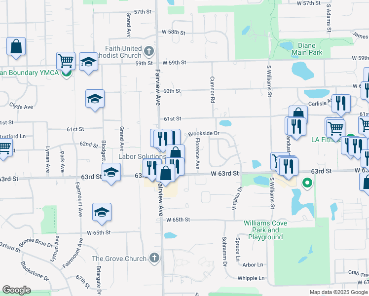 map of restaurants, bars, coffee shops, grocery stores, and more near 531 Brookside Drive in Westmont