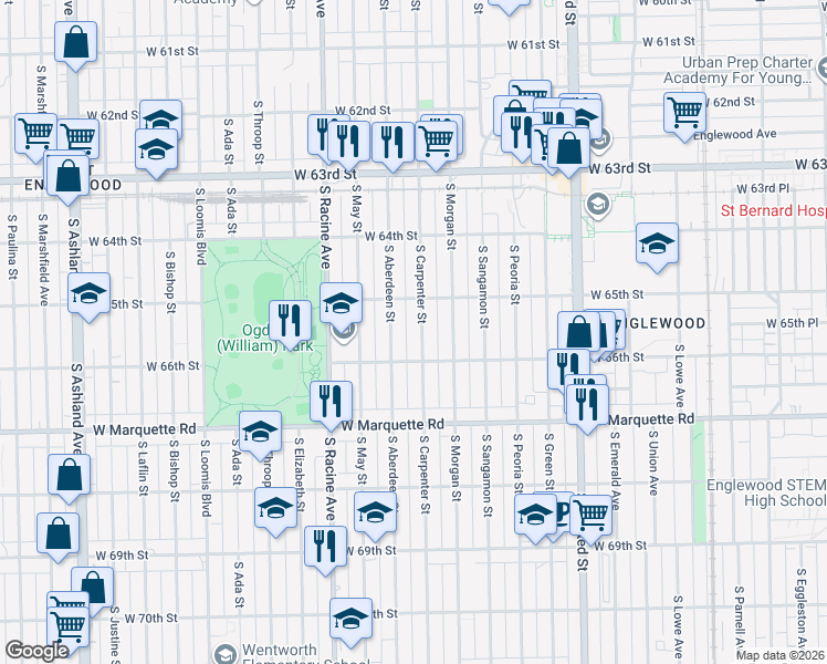 map of restaurants, bars, coffee shops, grocery stores, and more near 6534 South Carpenter Street in Chicago