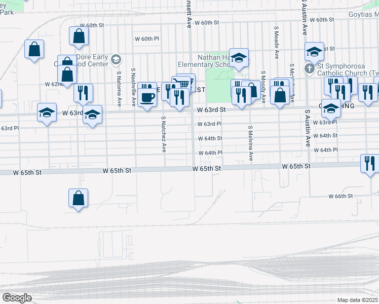 map of restaurants, bars, coffee shops, grocery stores, and more near 6424 South Narragansett Avenue in Chicago