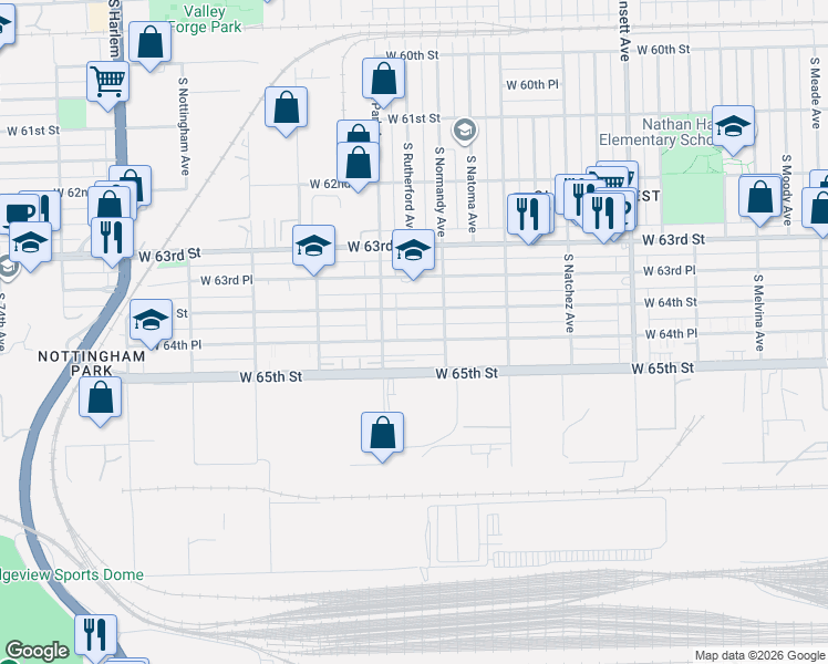 map of restaurants, bars, coffee shops, grocery stores, and more near 6710 West 64th Place in Chicago