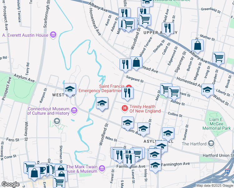map of restaurants, bars, coffee shops, grocery stores, and more near 114 Woodland Street in Hartford