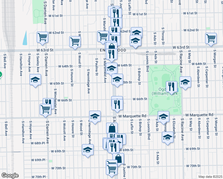 map of restaurants, bars, coffee shops, grocery stores, and more near 6526 South Ashland Avenue in Chicago